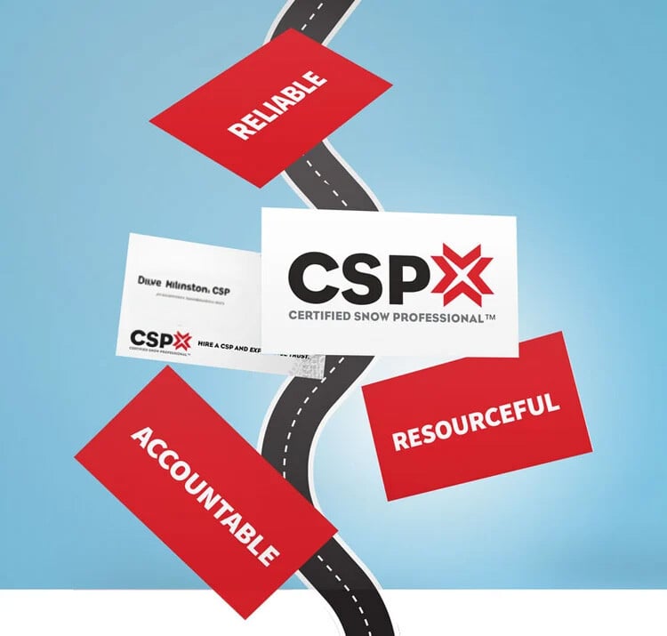 Graphic for Certified Snow Professional (CSP) with a winding road and red signs reading ‘RELIABLE,’ ‘ACCOUNTABLE,’ and ‘RESOURCEFUL,’ alongside the CSP logo.