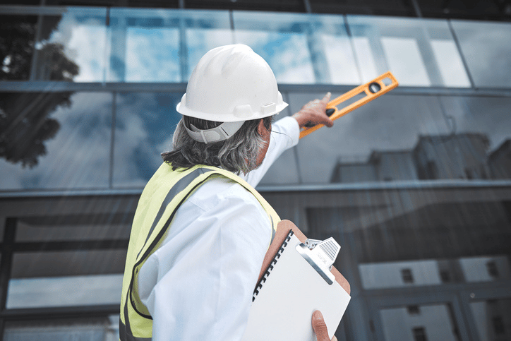 A facilities management professional inspects a commercial building exterior while holding a clipboard and level.